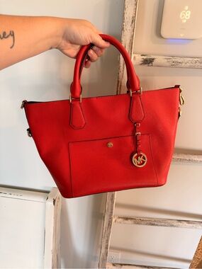 Michael Kors Greenwich Medium Leather Mandarin/Luggage Grab Bag No Crossbody 298